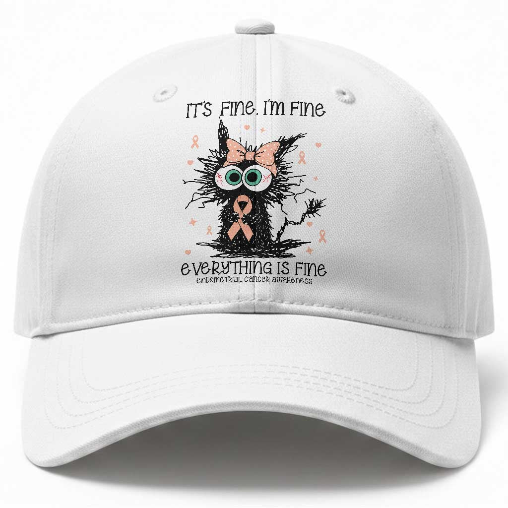 Funny Black Cat Endometrial Cancer Awareness Baseball Cap Its Fine Im Fine Everything Is Fine TS12 Print Your Wear