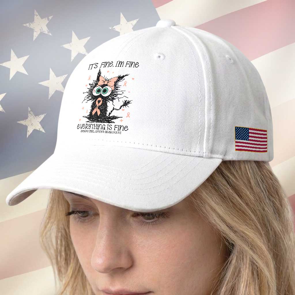 Funny Black Cat Endometrial Cancer Awareness Baseball Cap Its Fine Im Fine Everything Is Fine TS12 Print Your Wear