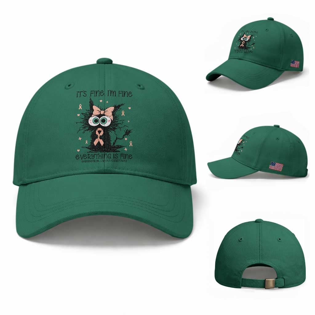 Funny Black Cat Endometrial Cancer Awareness Baseball Cap Its Fine Im Fine Everything Is Fine TS12 Baseball Cap Universal Fit Irish Green Print Your Wear