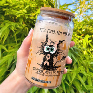 Funny Black Cat Endometrial Cancer Awareness Glass Can Its Fine Im Fine Everything Is Fine TS12 White Print Your Wear