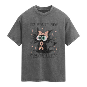 Funny Black Cat Endometrial Cancer Awareness Washed Cotton T-Shirt Its Fine Im Fine Everything Is Fine