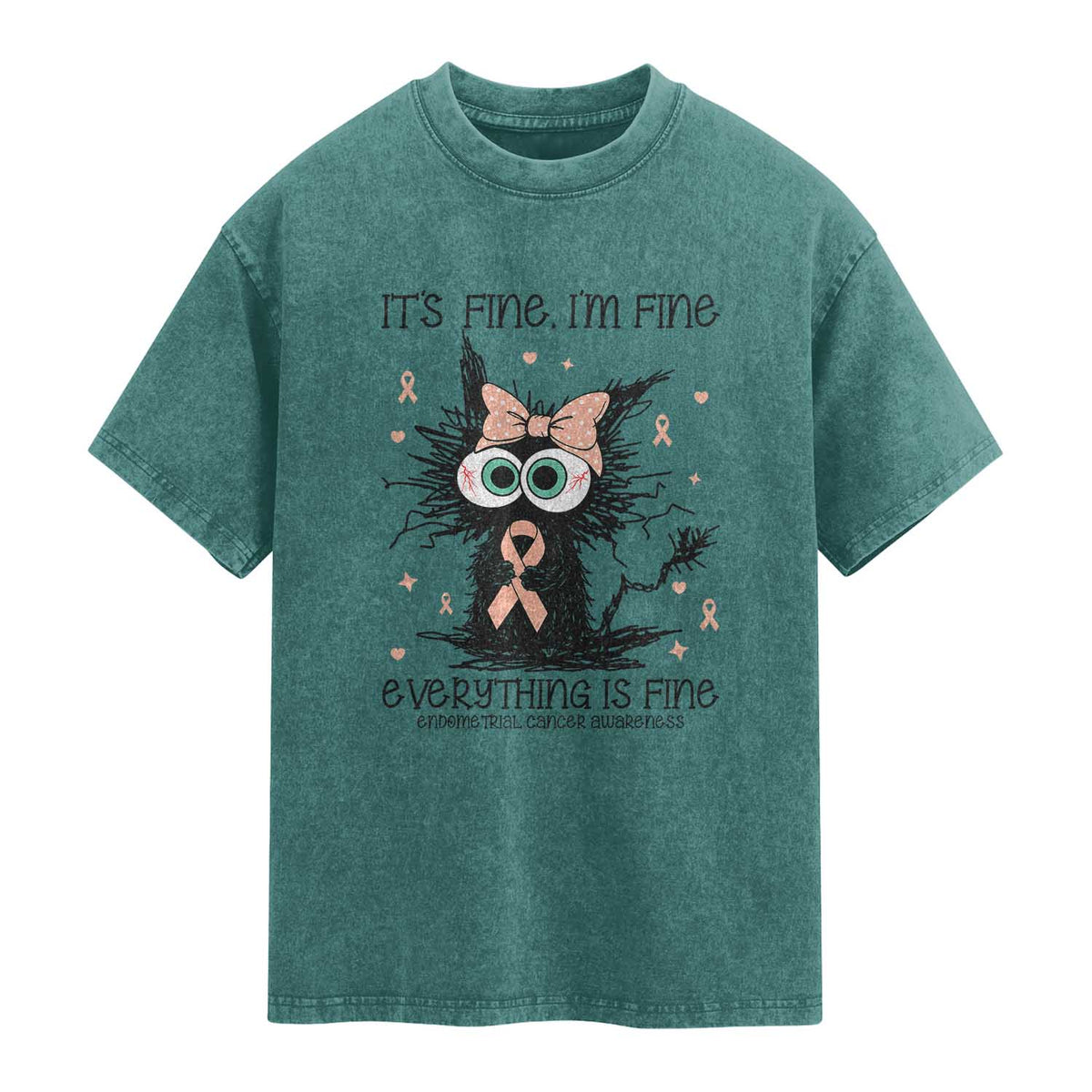 Funny Black Cat Endometrial Cancer Awareness Washed Cotton T-Shirt Its Fine Im Fine Everything Is Fine