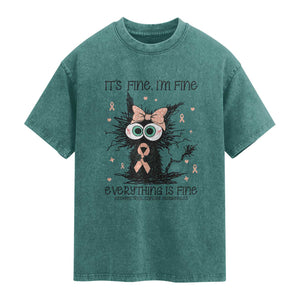 Funny Black Cat Endometrial Cancer Awareness Washed Cotton T-Shirt Its Fine Im Fine Everything Is Fine