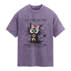 Funny Black Cat Endometrial Cancer Awareness Washed Cotton T-Shirt Its Fine Im Fine Everything Is Fine