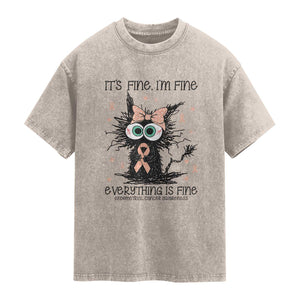 Funny Black Cat Endometrial Cancer Awareness Washed Cotton T-Shirt Its Fine Im Fine Everything Is Fine