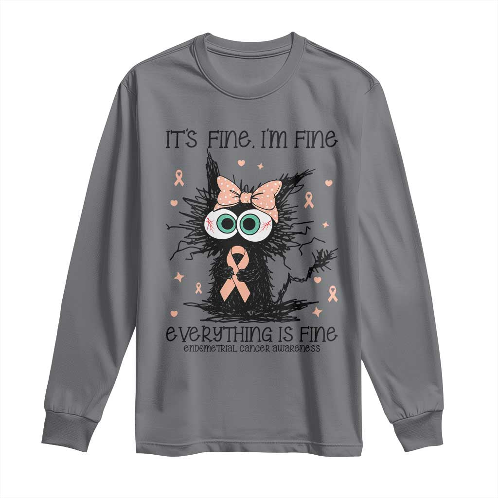 Funny Black Cat Endometrial Cancer Awareness Long Sleeve Shirt Its Fine Im Fine Everything Is Fine TS12 Charcoal Print Your Wear