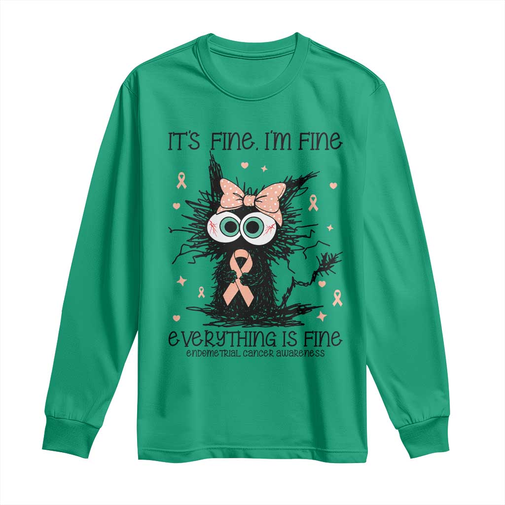 Funny Black Cat Endometrial Cancer Awareness Long Sleeve Shirt Its Fine Im Fine Everything Is Fine TS12 Irish Green Print Your Wear