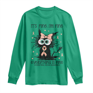 Funny Black Cat Endometrial Cancer Awareness Long Sleeve Shirt Its Fine Im Fine Everything Is Fine TS12 Irish Green Print Your Wear