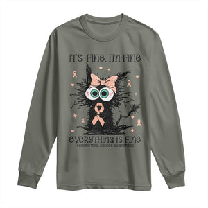 Funny Black Cat Endometrial Cancer Awareness Long Sleeve Shirt Its Fine Im Fine Everything Is Fine TS12 Military Green Print Your Wear