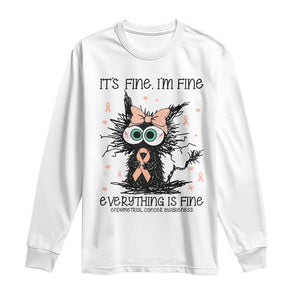 Funny Black Cat Endometrial Cancer Awareness Long Sleeve Shirt Its Fine Im Fine Everything Is Fine TS12 White Print Your Wear