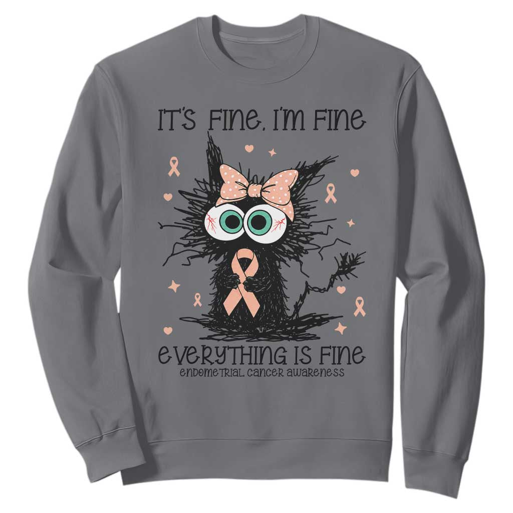Funny Black Cat Endometrial Cancer Awareness Sweatshirt Its Fine Im Fine Everything Is Fine TS12 Charcoal Print Your Wear