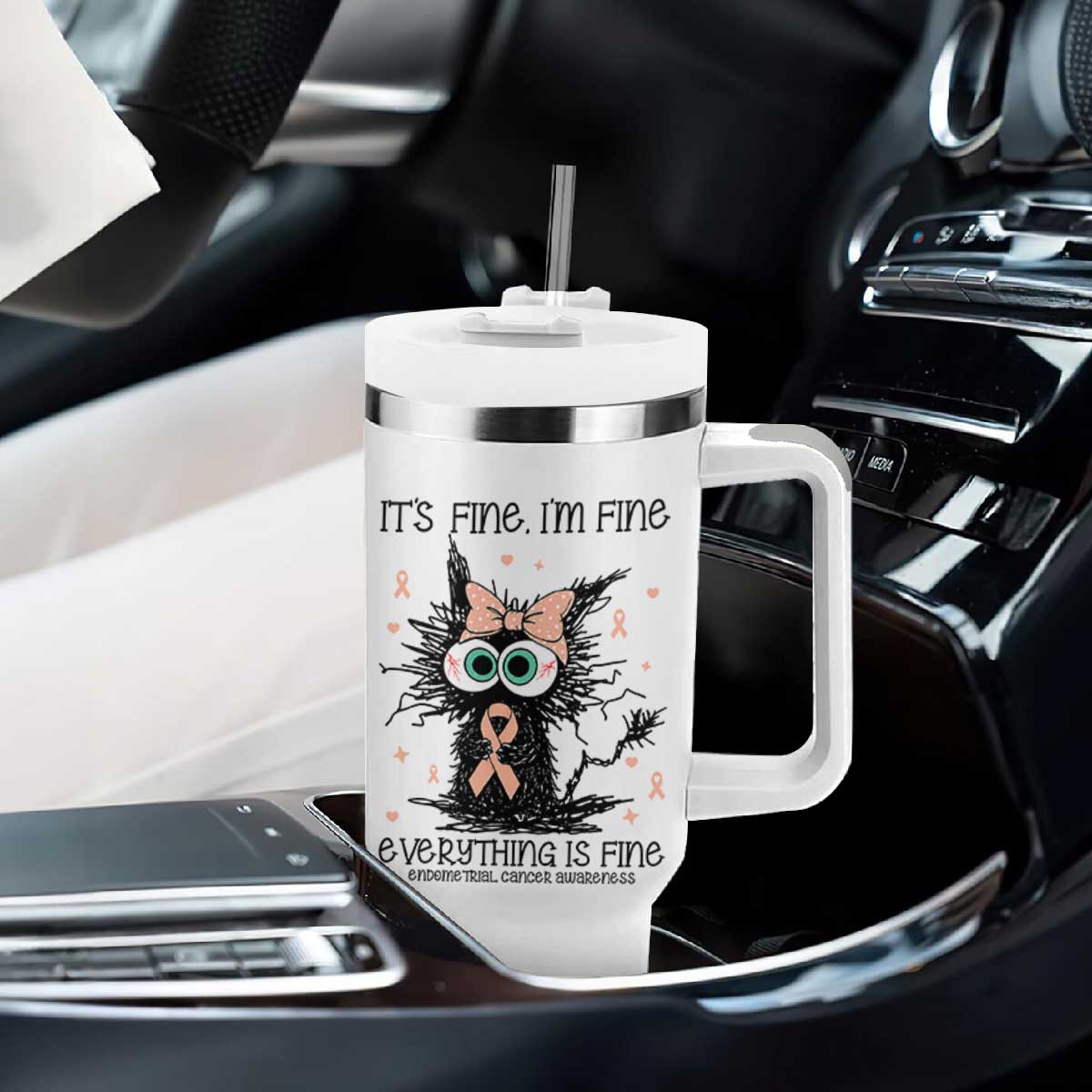 Funny Black Cat Endometrial Cancer Awareness Tumbler With Handle Its Fine Im Fine Everything Is Fine TS12 Print Your Wear