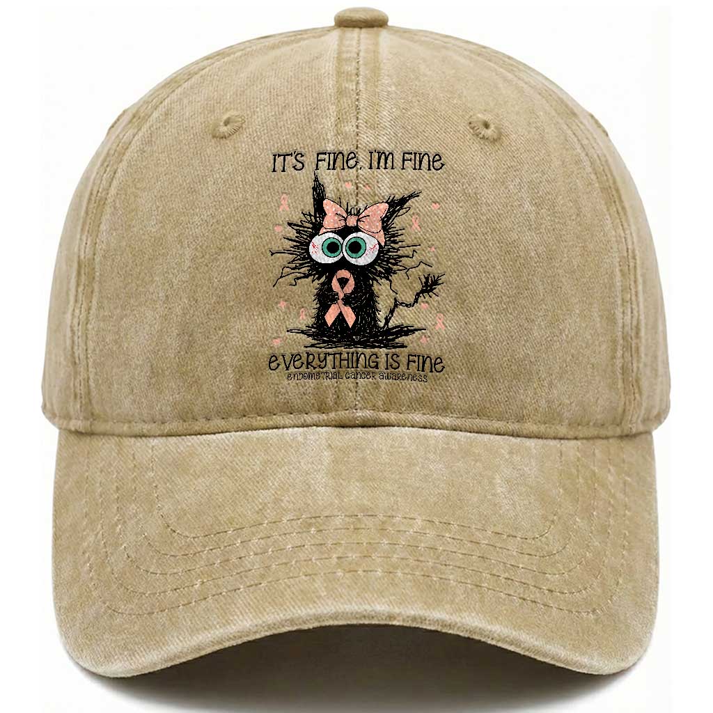 Funny Black Cat Endometrial Cancer Awareness Washed Cotton Baseball Cap Its Fine Im Fine Everything Is Fine TS12 Print Your Wear