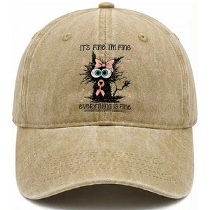 Funny Black Cat Endometrial Cancer Awareness Washed Cotton Baseball Cap Its Fine Im Fine Everything Is Fine TS12 Print Your Wear