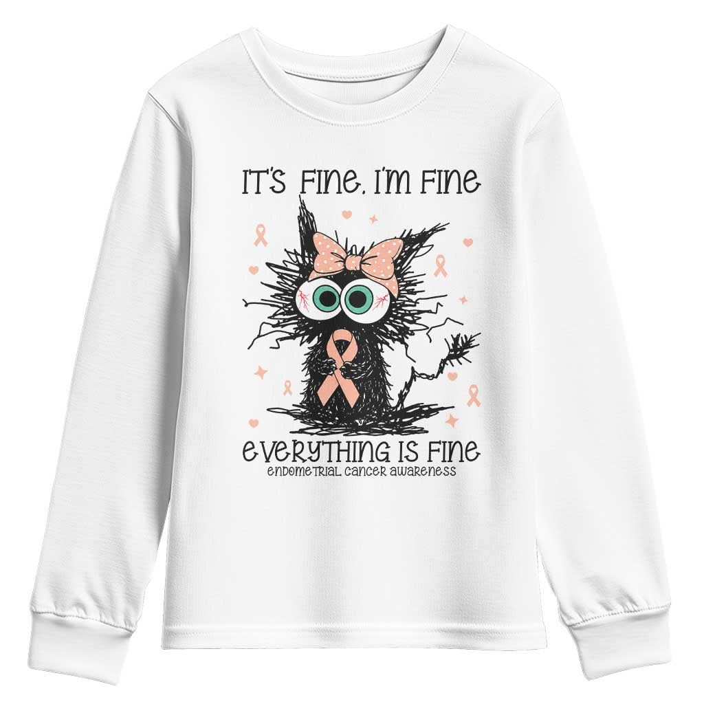 Funny Black Cat Endometrial Cancer Awareness Youth Sweatshirt Its Fine Im Fine Everything Is Fine TS12 White Print Your Wear