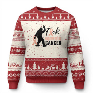 Funny Bigfoot Fuck Endometrial Cancer Awareness Gift Ugly Christmas Sweater TS12 Beige Red Print Your Wear