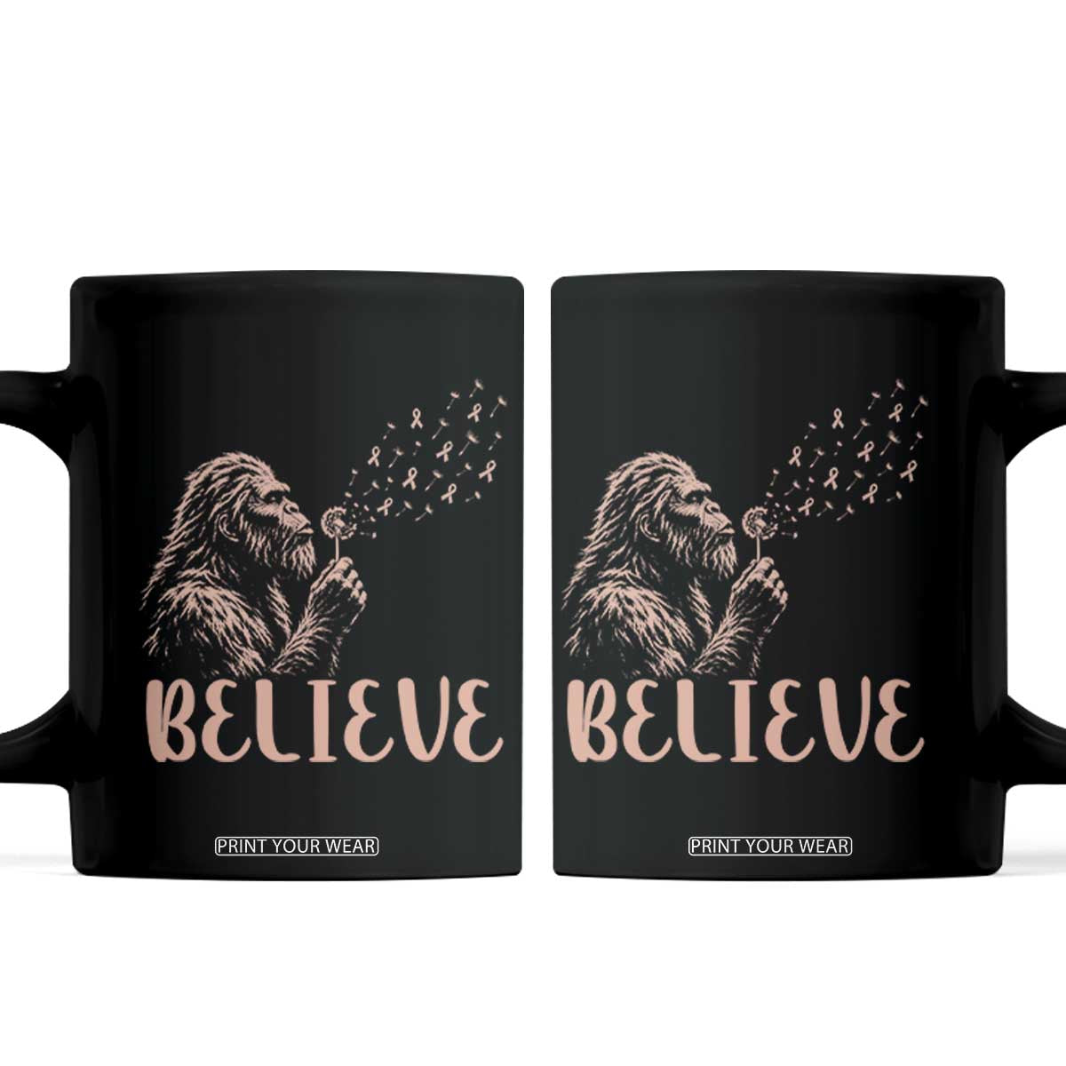 Funny Bigfoot Blowing Dandelion Flower Graphic Coffee Mug Believe Endometrial Cancer Awareness TS12 Black Print Your Wear