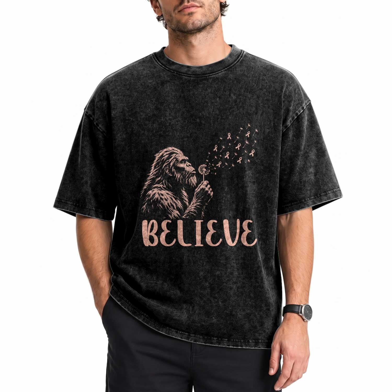 Funny Bigfoot Blowing Dandelion Flower Graphic Washed Cotton T-Shirt Believe Endometrial Cancer Awareness
