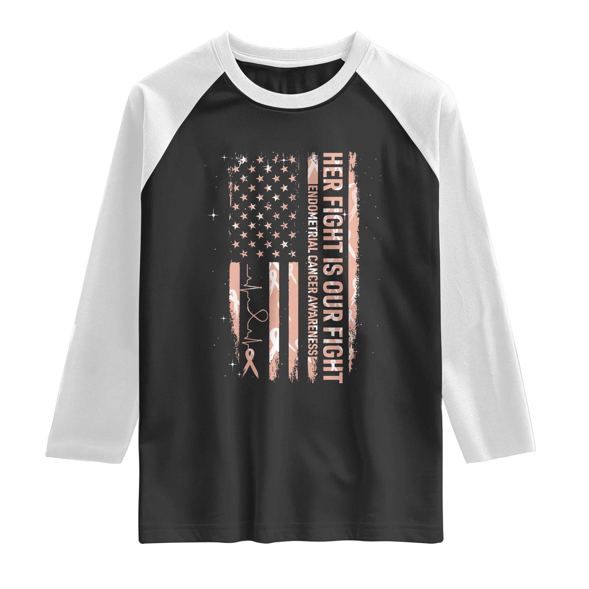 Patriotic Endometrial Cancer Awareness Raglan Shirt Her Fight Our Fight TS12 Black White Print Your Wear