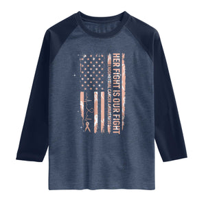 Patriotic Endometrial Cancer Awareness Raglan Shirt Her Fight Our Fight TS12 Heather Denim Navy Print Your Wear