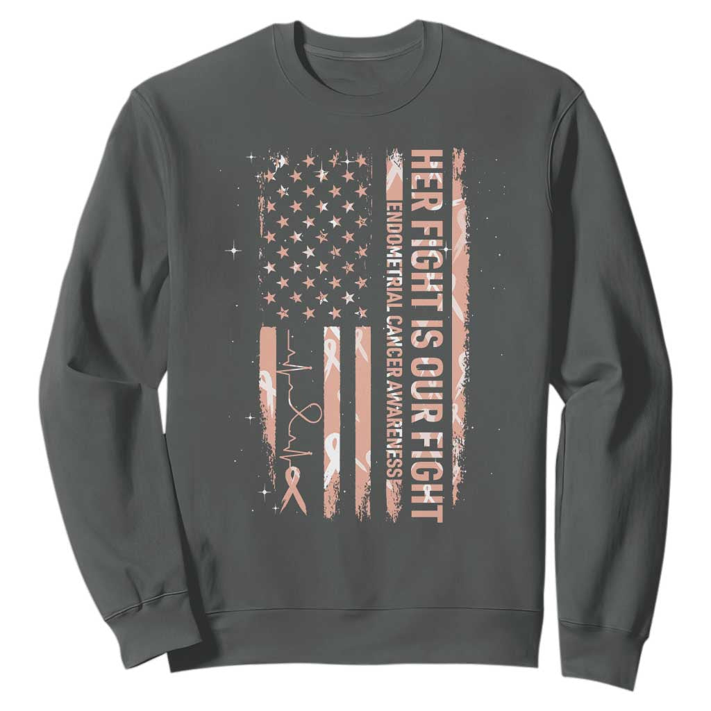 Patriotic Endometrial Cancer Awareness Sweatshirt Her Fight Our Fight TS12 Dark Heather Print Your Wear