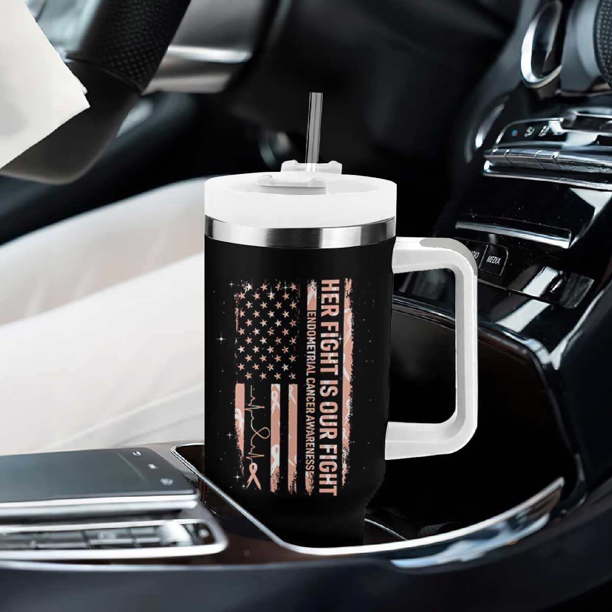 Patriotic Endometrial Cancer Awareness Tumbler With Handle Her Fight Our Fight TS12 Print Your Wear
