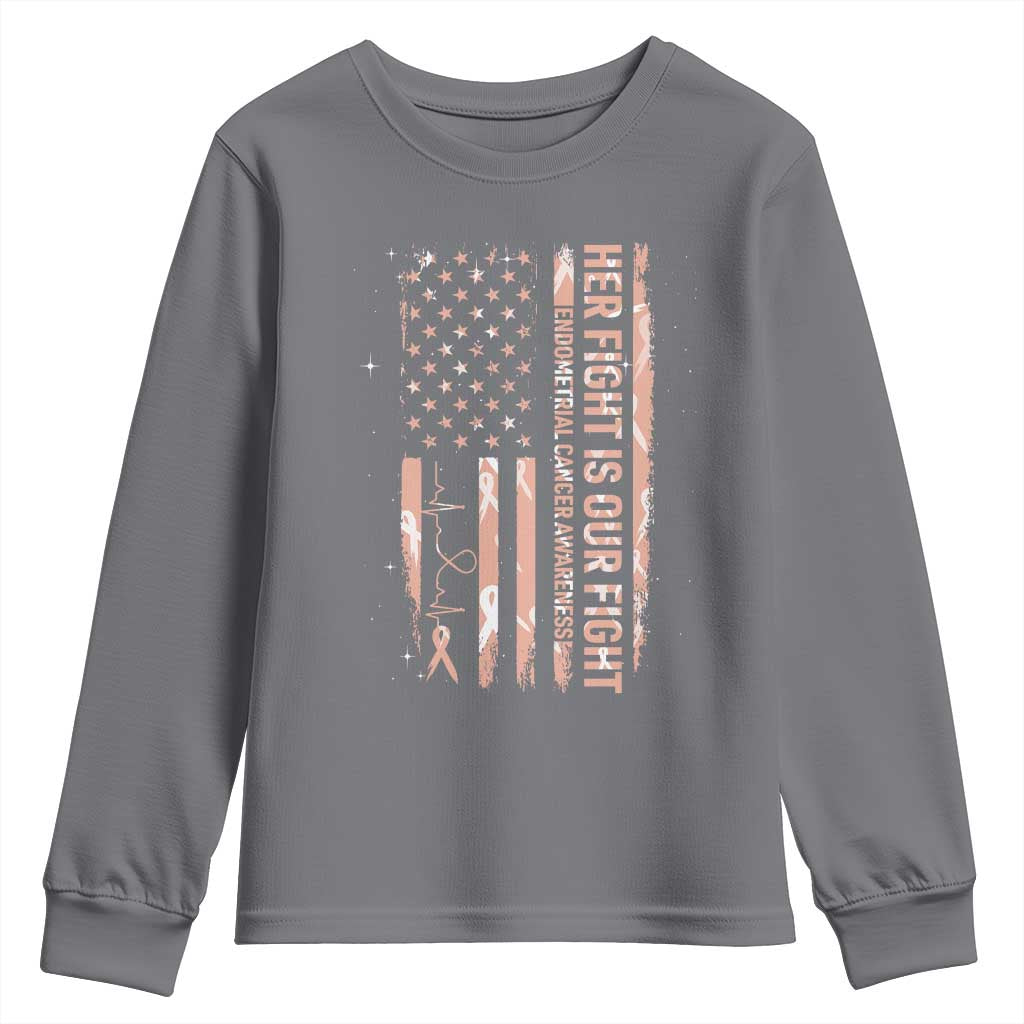 Patriotic Endometrial Cancer Awareness Youth Sweatshirt Her Fight Our Fight TS12 Charcoal Print Your Wear