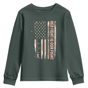 Patriotic Endometrial Cancer Awareness Youth Sweatshirt Her Fight Our Fight TS12 Dark Forest Green Print Your Wear