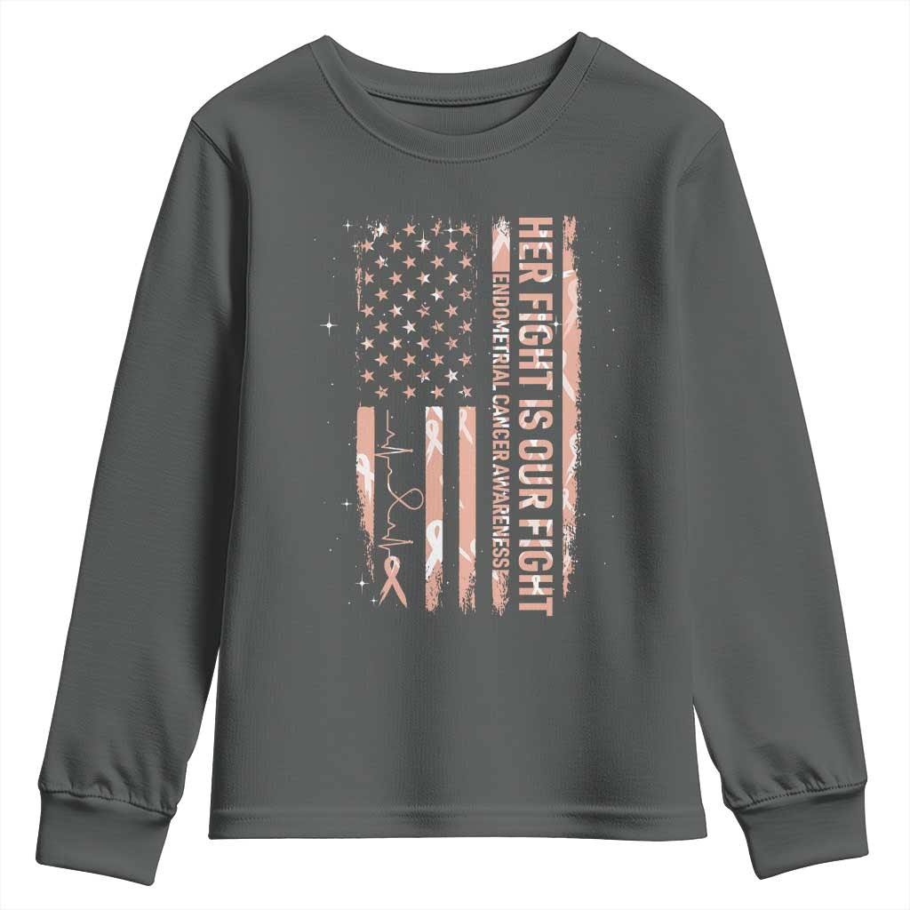 Patriotic Endometrial Cancer Awareness Youth Sweatshirt Her Fight Our Fight TS12 Dark Heather Print Your Wear
