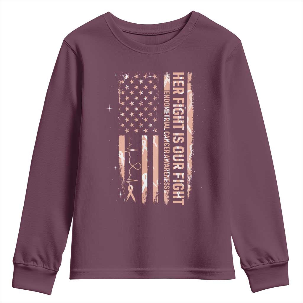 Patriotic Endometrial Cancer Awareness Youth Sweatshirt Her Fight Our Fight TS12 Maroon Print Your Wear