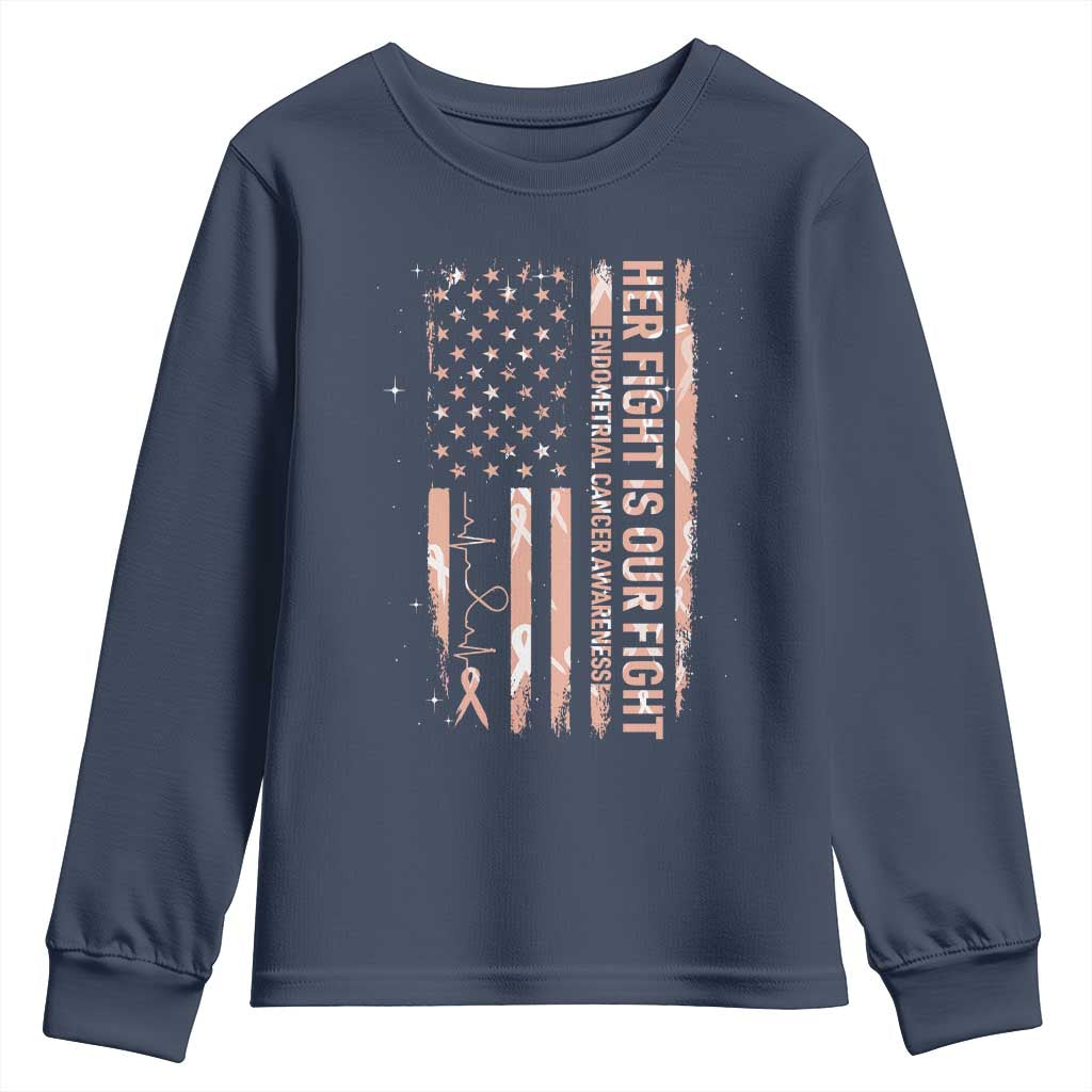 Patriotic Endometrial Cancer Awareness Youth Sweatshirt Her Fight Our Fight TS12 Navy Print Your Wear