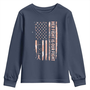 Patriotic Endometrial Cancer Awareness Youth Sweatshirt Her Fight Our Fight TS12 Navy Print Your Wear