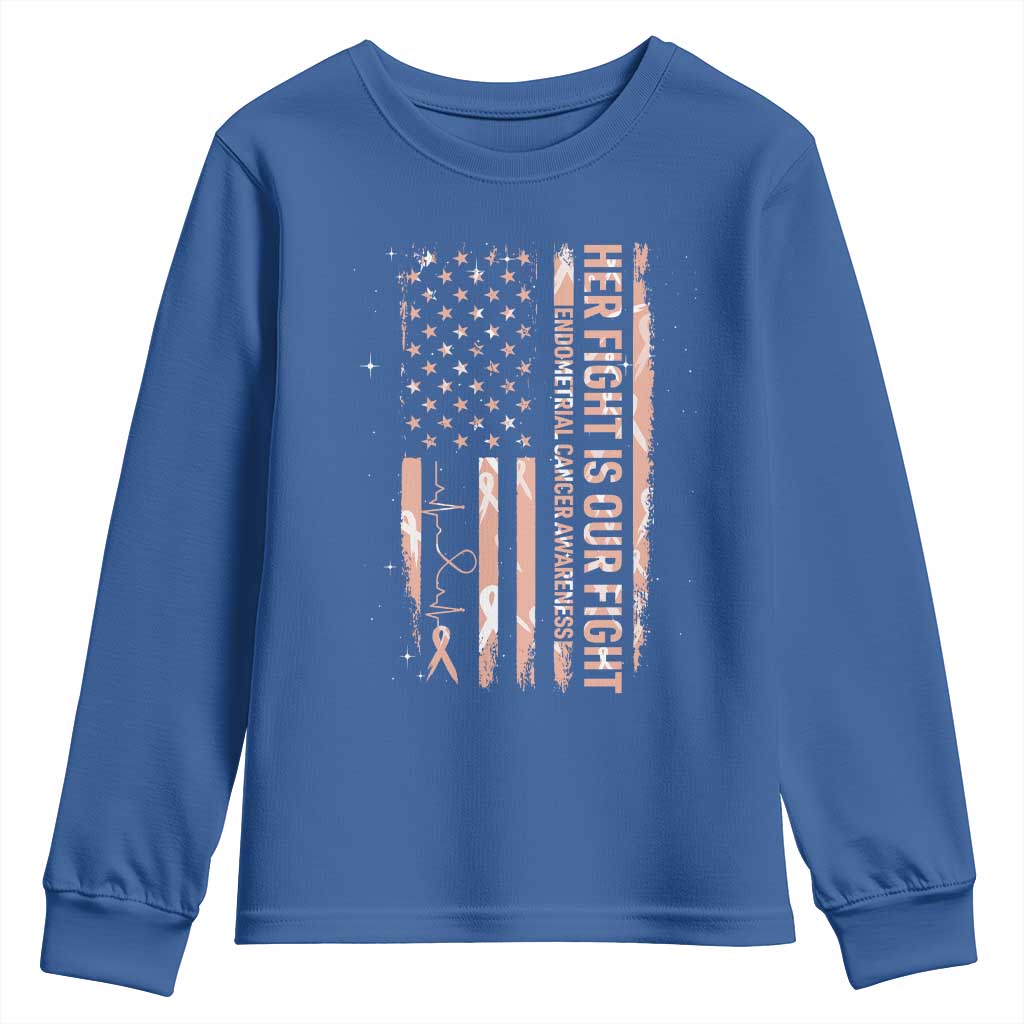 Patriotic Endometrial Cancer Awareness Youth Sweatshirt Her Fight Our Fight TS12 Royal Blue Print Your Wear