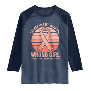 Cancer Messed With The Wrong Girl Raglan Shirt Endometrial Cancer Warrior TS12 Heather Denim Navy Print Your Wear