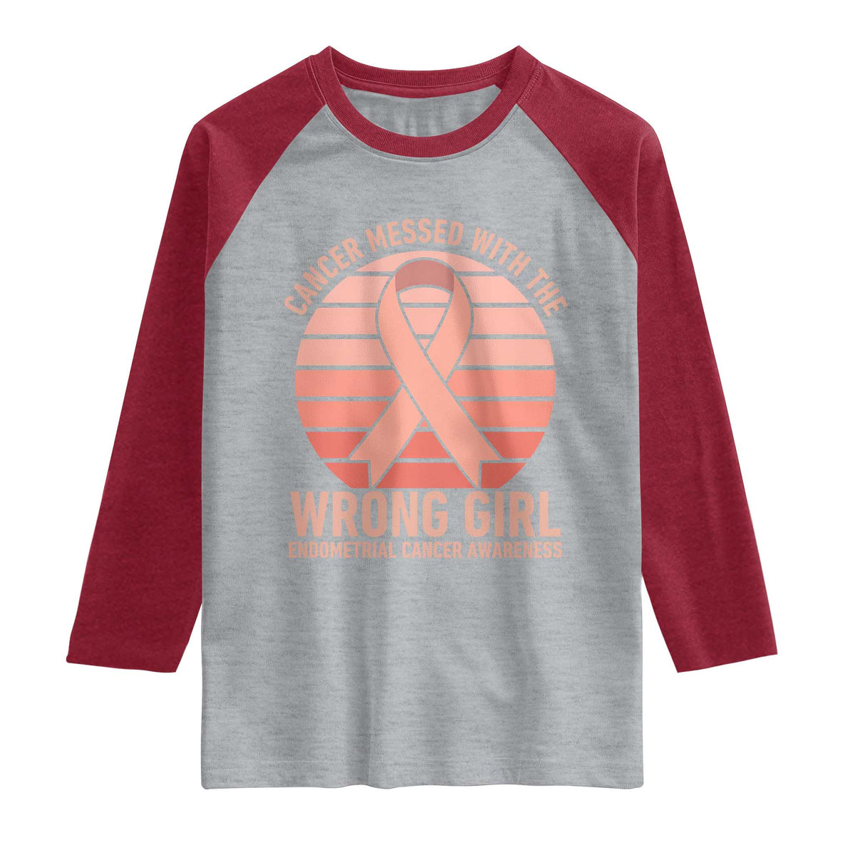 Cancer Messed With The Wrong Girl Raglan Shirt Endometrial Cancer Warrior TS12 Heather Gray Heather Red Print Your Wear