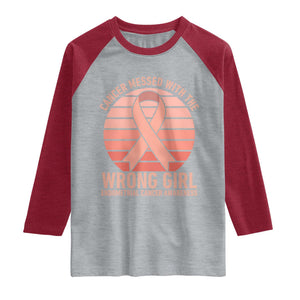 Cancer Messed With The Wrong Girl Raglan Shirt Endometrial Cancer Warrior TS12 Heather Gray Heather Red Print Your Wear