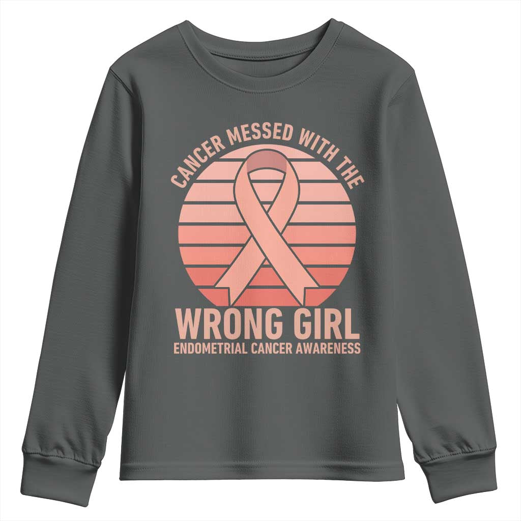 Cancer Messed With The Wrong Girl Youth Sweatshirt Endometrial Cancer Warrior TS12 Dark Heather Print Your Wear