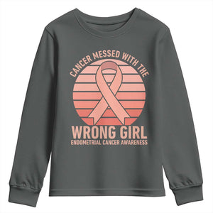Cancer Messed With The Wrong Girl Youth Sweatshirt Endometrial Cancer Warrior TS12 Dark Heather Print Your Wear