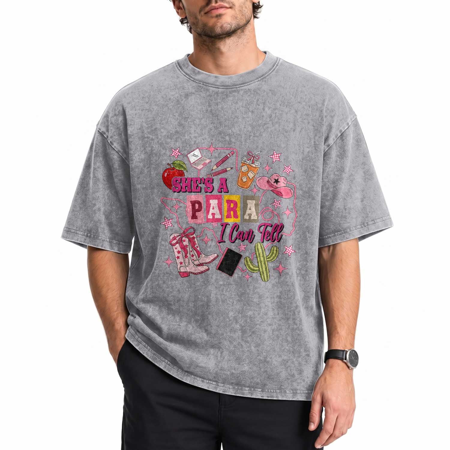 Funny Western Teacher Aide Graphic Washed Cotton T-Shirt She's A Para I Can Tell
