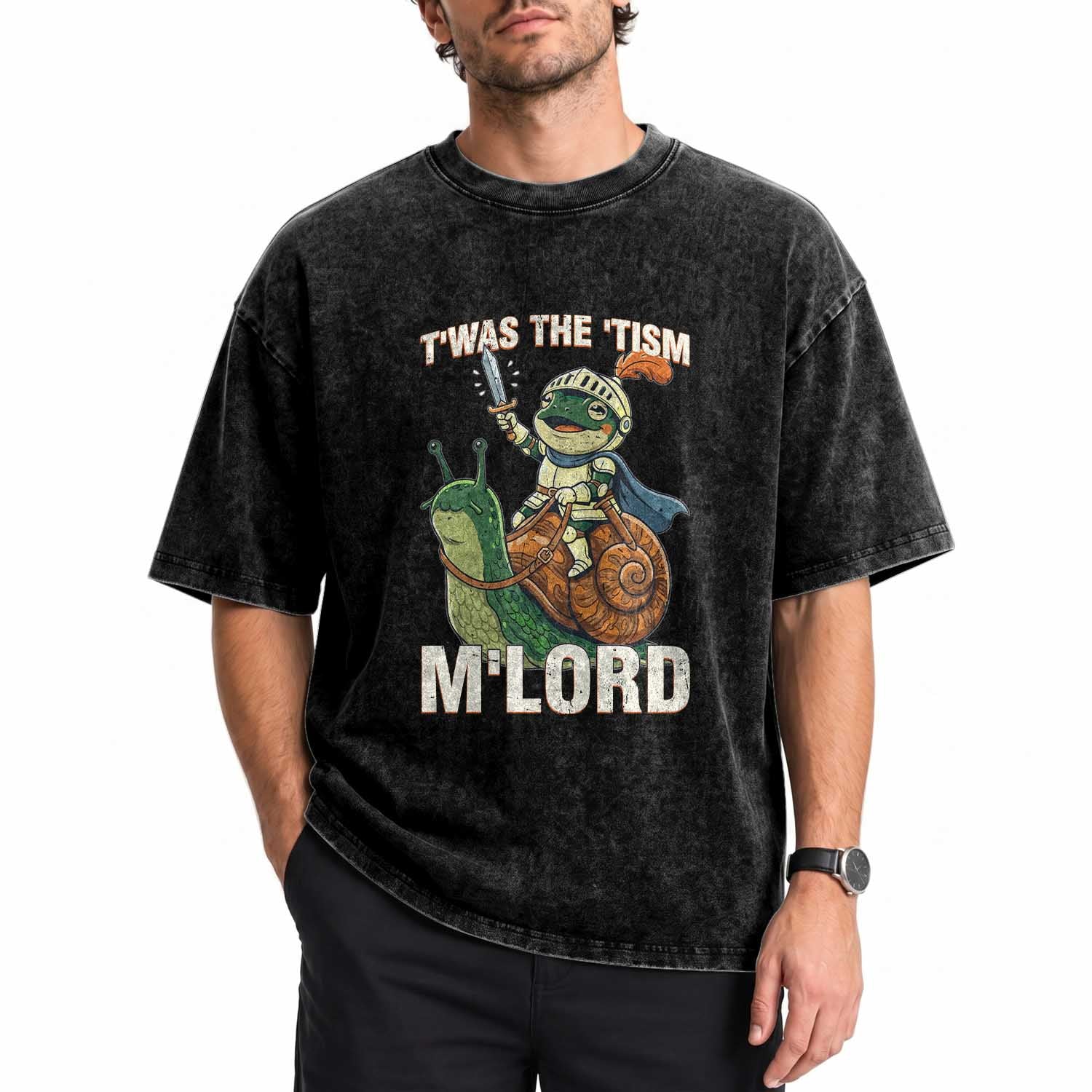 Funny Medieval Knight Frog Meme With Sword Washed Cotton T-Shirt Twas The Tism MLord