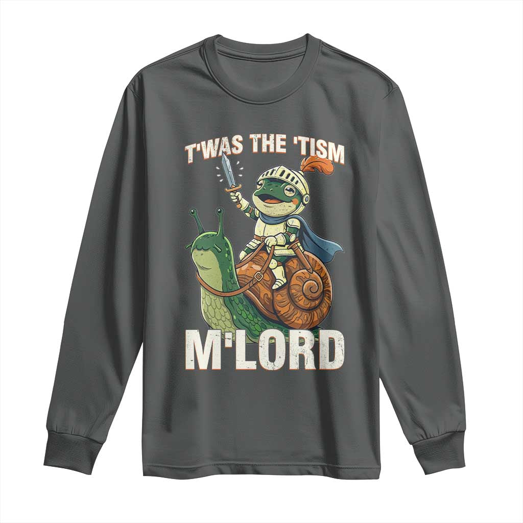 Funny Medieval Knight Frog Meme With Sword Long Sleeve Shirt Twas The Tism MLord TS12 Dark Heather Print Your Wear