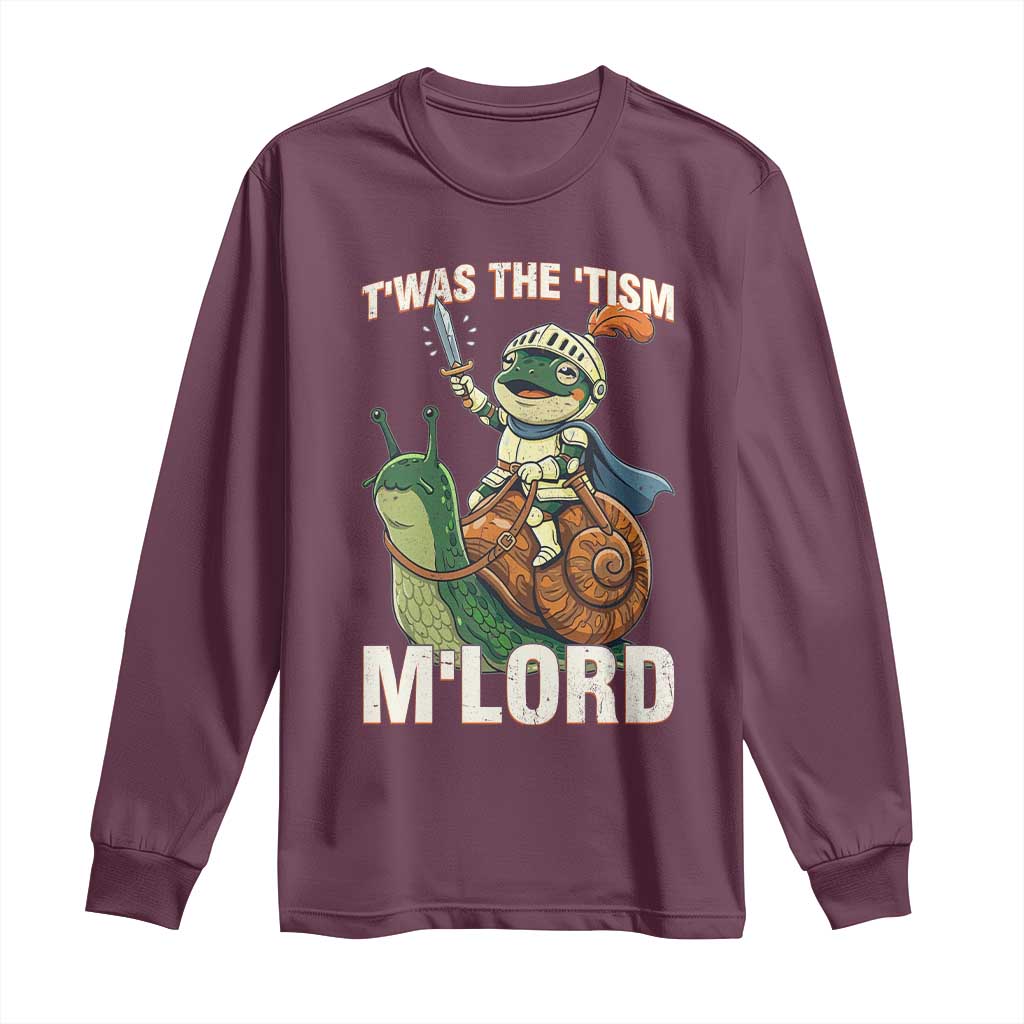 Funny Medieval Knight Frog Meme With Sword Long Sleeve Shirt Twas The Tism MLord TS12 Maroon Print Your Wear