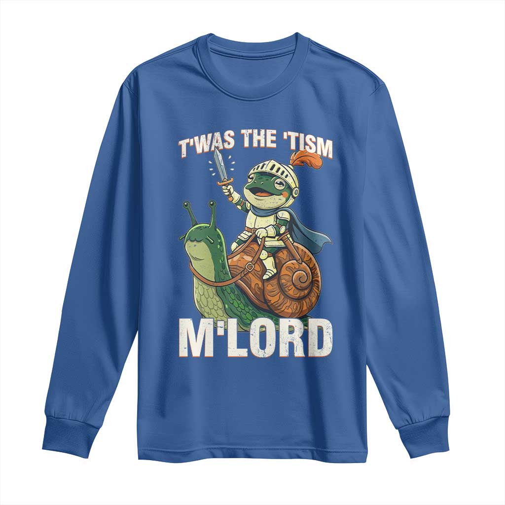 Funny Medieval Knight Frog Meme With Sword Long Sleeve Shirt Twas The Tism MLord TS12 Royal Blue Print Your Wear