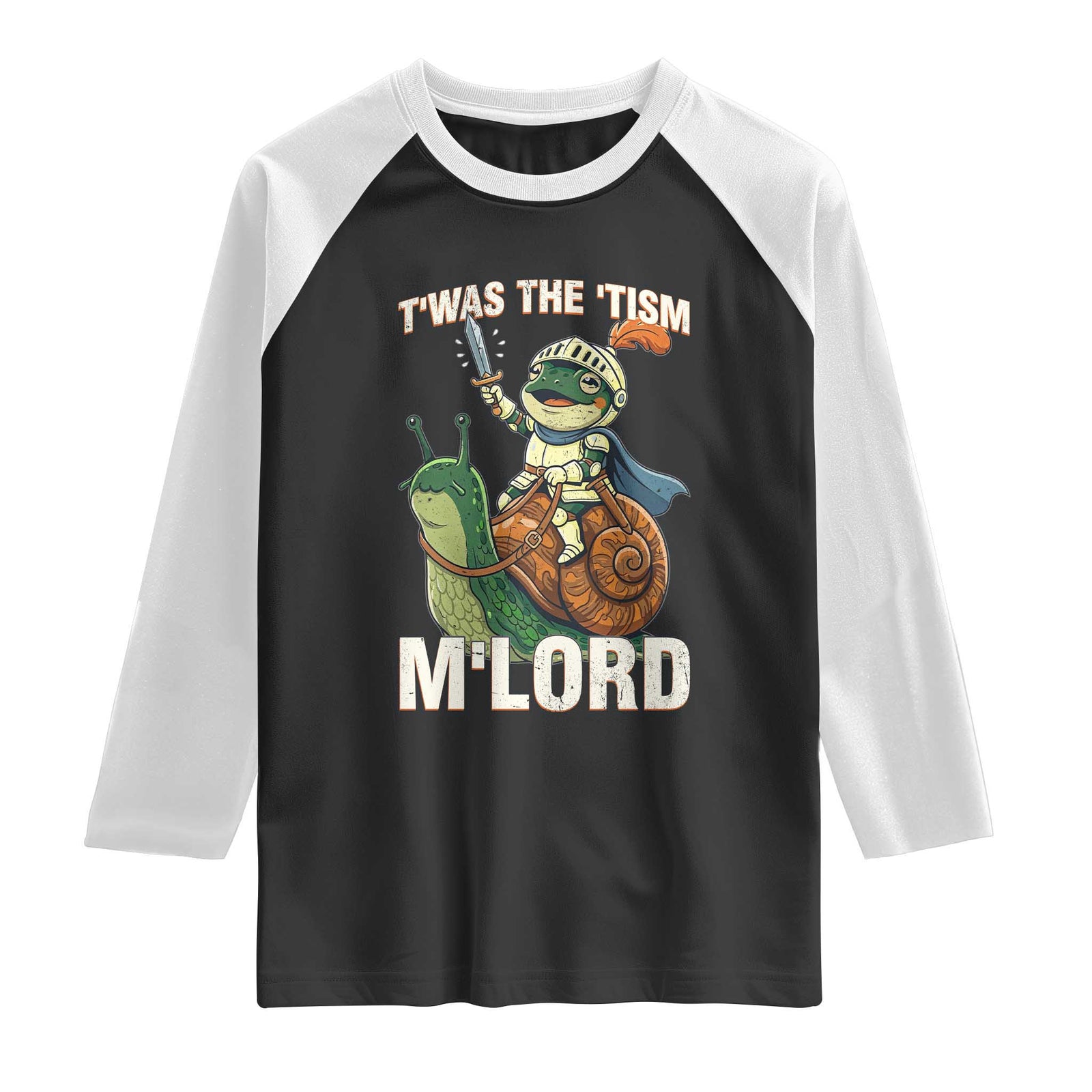 Funny Medieval Knight Frog Meme With Sword Raglan Shirt Twas The Tism MLord TS12 Black White Print Your Wear