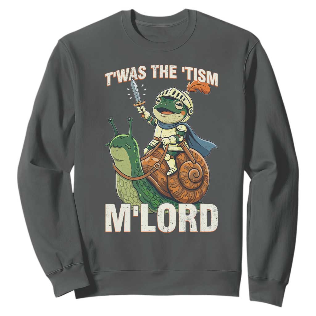 Funny Medieval Knight Frog Meme With Sword Sweatshirt Twas The Tism MLord TS12 Dark Heather Print Your Wear