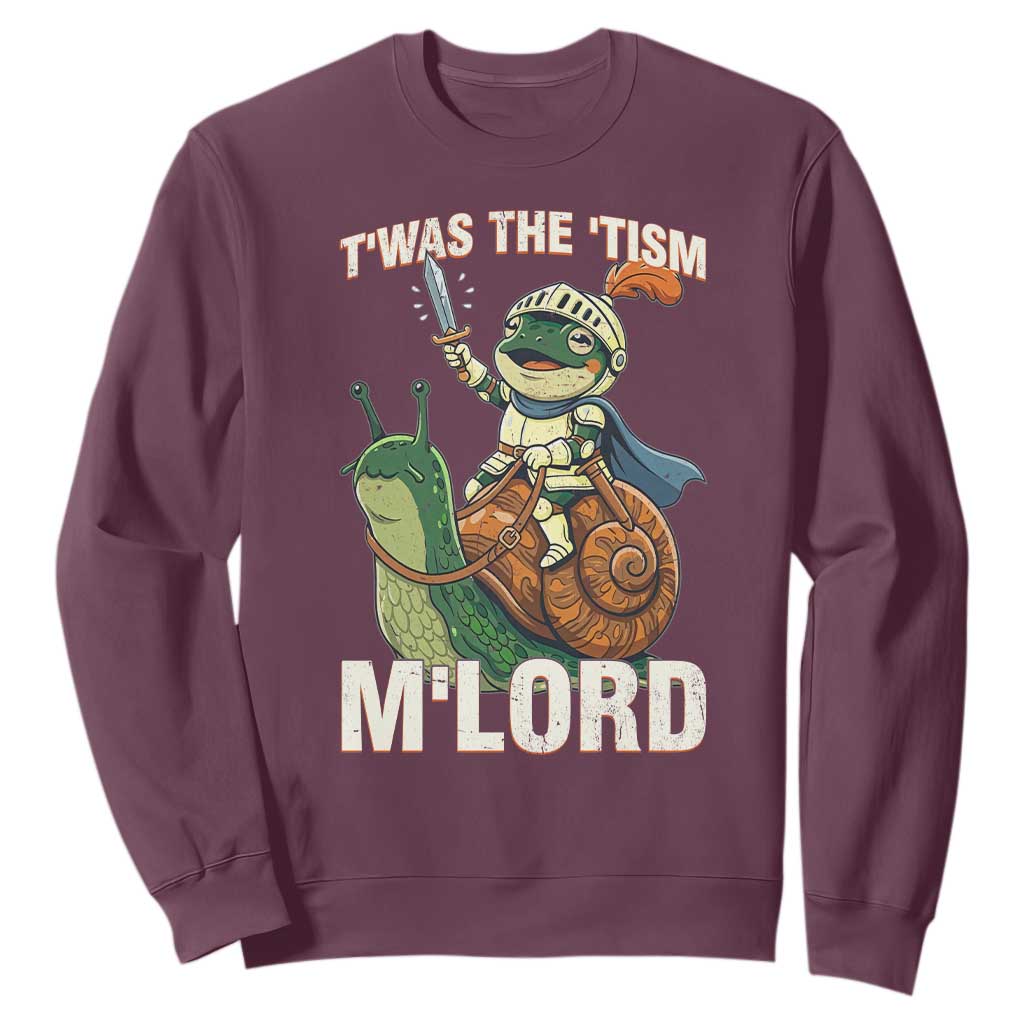 Funny Medieval Knight Frog Meme With Sword Sweatshirt Twas The Tism MLord TS12 Maroon Print Your Wear
