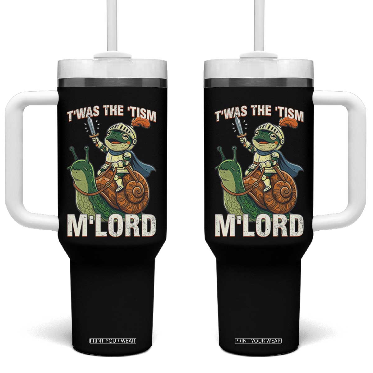 Funny Medieval Knight Frog Meme With Sword Tumbler With Handle Twas The Tism MLord TS12 One Size: 40 oz Black Print Your Wear