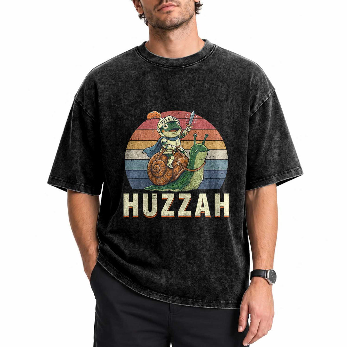 Funny Huzzah Frog Meme Washed Cotton T-Shirt Medieval Knight With Sword Graphic