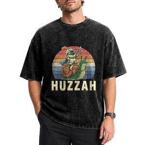 Funny Huzzah Frog Meme Washed Cotton T-Shirt Medieval Knight With Sword Graphic