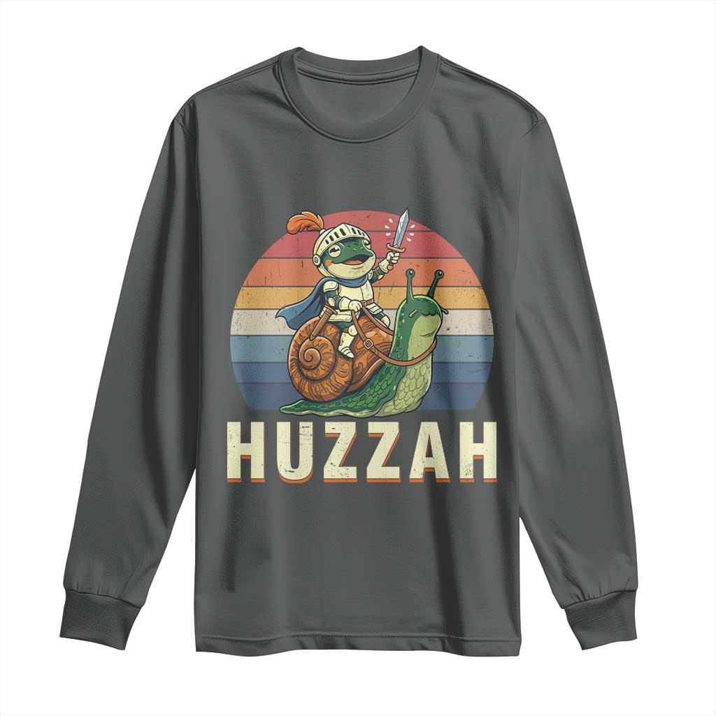Funny Huzzah Frog Meme Long Sleeve Shirt Medieval Knight With Sword Graphic TS12 Dark Heather Print Your Wear